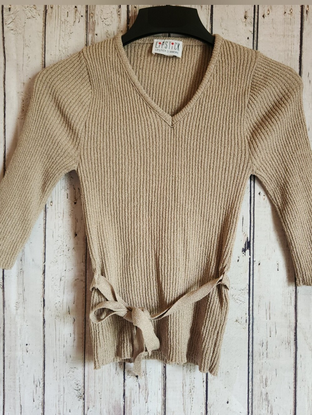 Vintage Lipstick D'amore Ribbed Knit Belted Top S Y2K Tan Neutral V-Neck USA